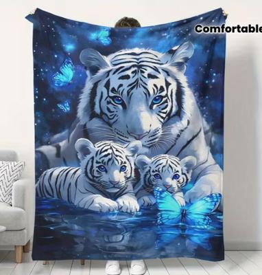 Three White Tiger Pattern Printed Blanket, Warm, Comfortable, and Soft, Suitable for Sofa, Bed, Car, Office, Camping, and Travel