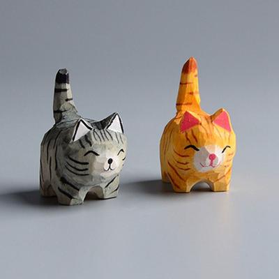 Cute Handmade Wood Carving Kitten Orange Cat Gray Cat Cat Figurines Figurines Animal Garden