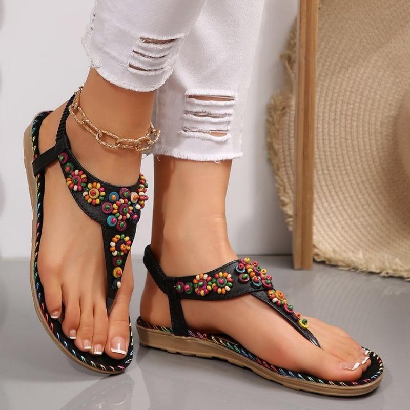 Women's Beaded Ethnic Style Clip-foot Herring-shaped Flat Sandals Flat-heeled Women's Shoes