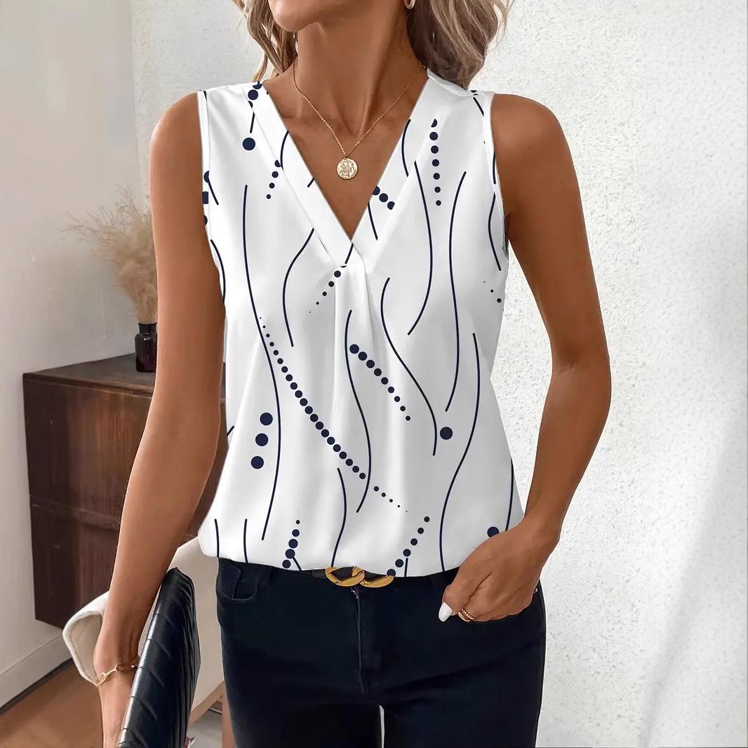 

Стильная европейская и американская майка с V-образным вырезом в горошек и полоску, 2025: Универсальная летняя мода для женщин XL белый