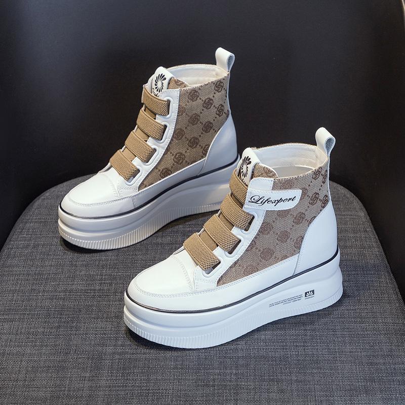High-top Shoes Women's Autumn 2025 New Leisure Sports Little White Shoes Women's Thick-soled Inner Height Increase Velcro Short Boots Women