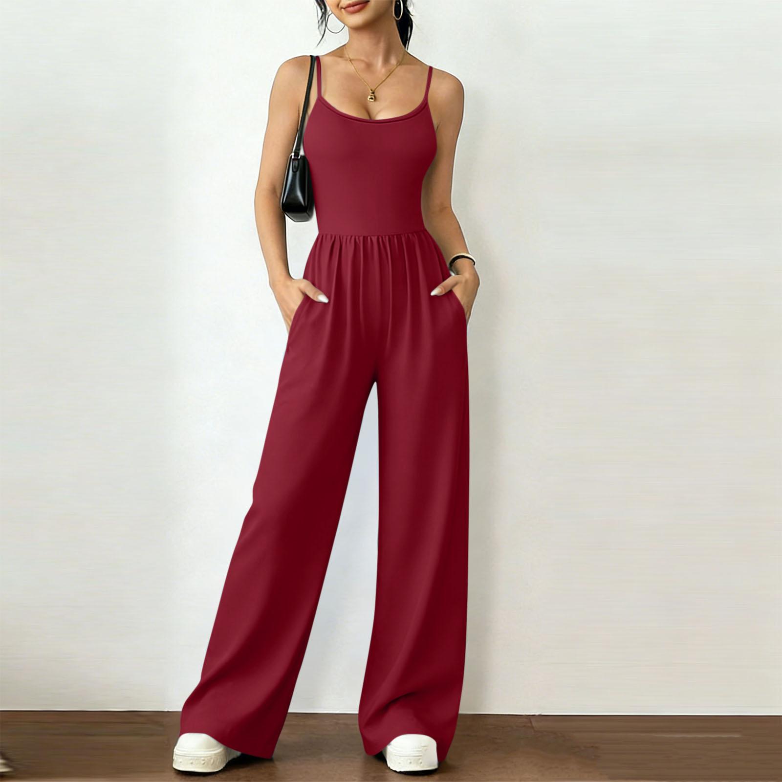 

Women s Fashionable Casual Plain-Coloured -Neck Wrap-Around Wide-Leg Loose-Fit Jumpsuit XL винний