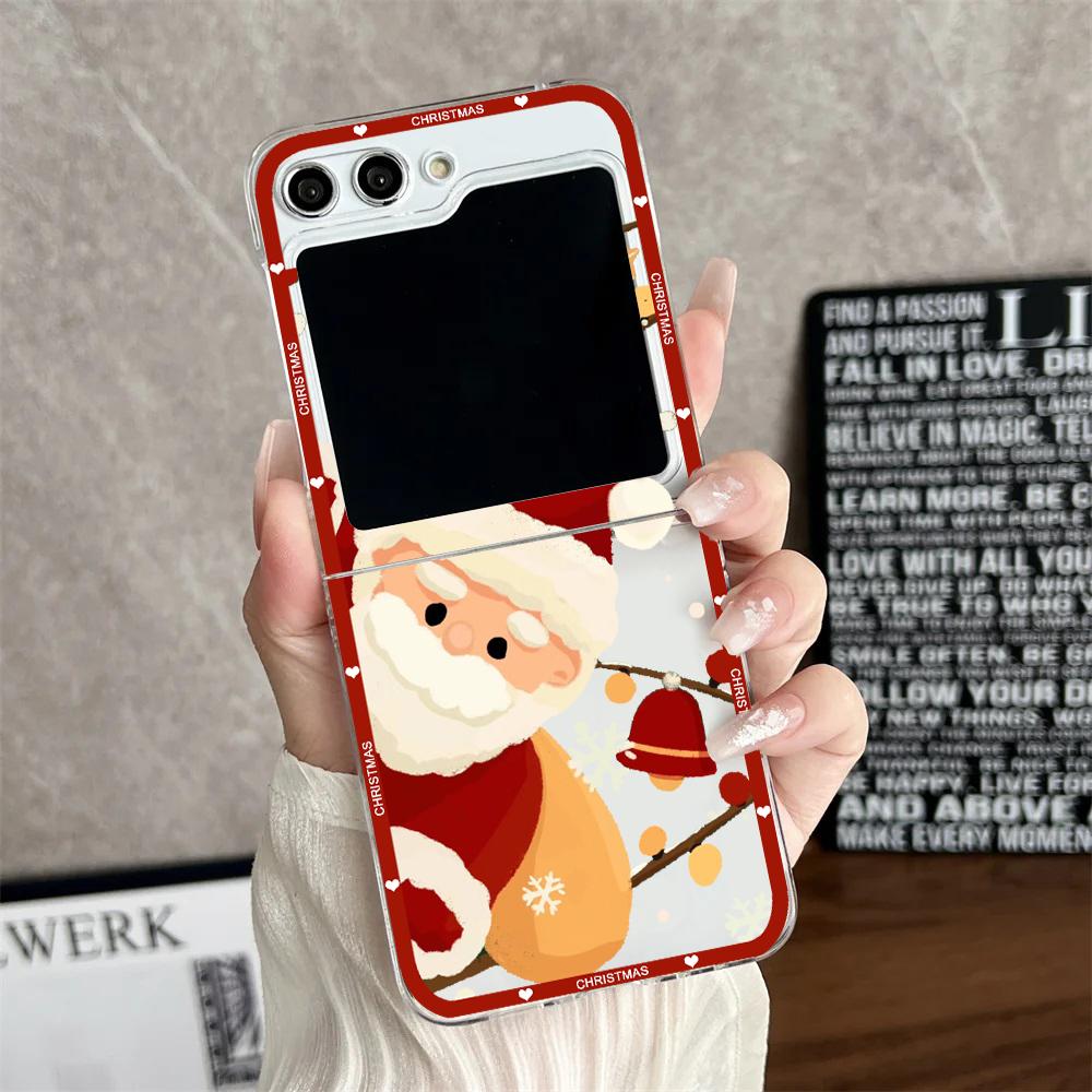 Luxury Cartoon Christmas Phone Case for Samsung Galaxy Z Flip 6 5 4 Simple Santa Transparent Hard PC Cover for Zflip6 Shell
