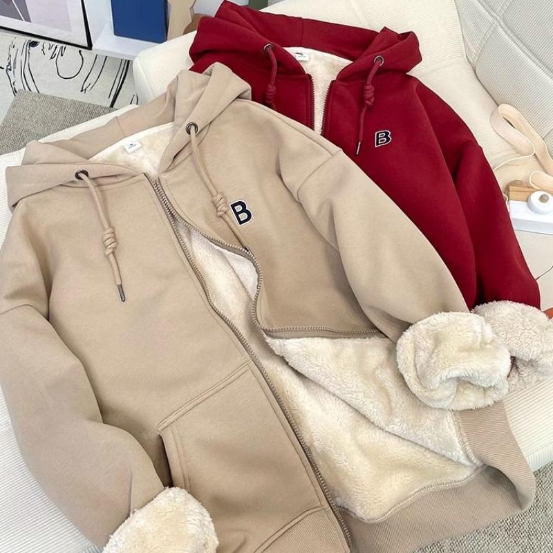 Vysoce kvalitní jehněčí kašmírová mikina pro ženy v zimě, nová dámská volná a plyšová, zesílená a teplá bunda s kapucí na zip