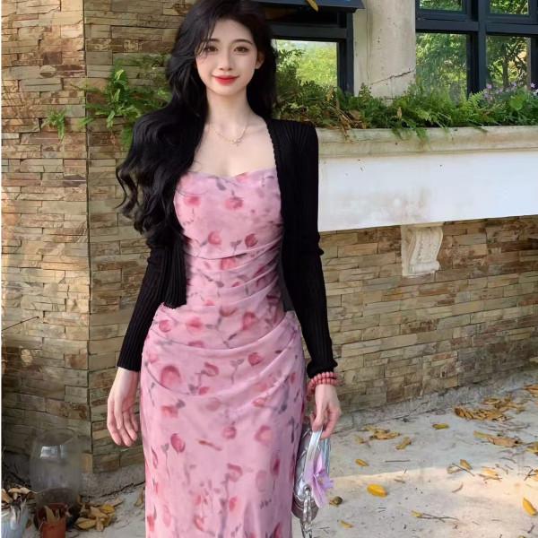 2025 Summer French Pink Chiffon Floral Slim Fit Camisole Dress
