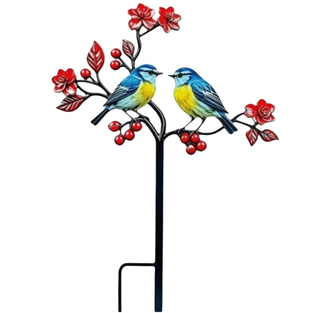 2D Flat Red Bird Garden Stake Iron Handmade Flower Branch Ground Plug Animals Pattern Funny Outdoor Yard Art Yard Ornament