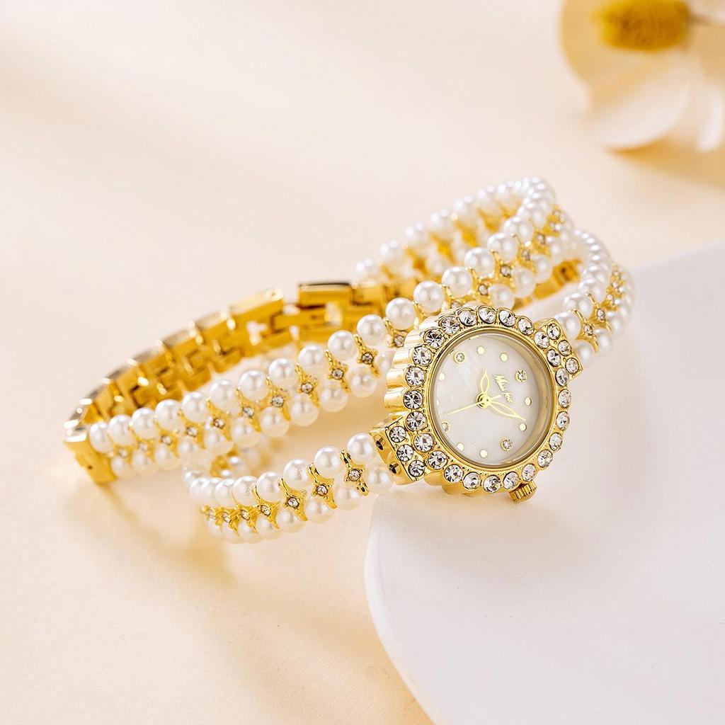 New Romantic Women's Watch Diamond Luxury Wrapped Pearl Bracelet Watch Waterproof Ladies Fashion Quartz Wristwatches Gift
