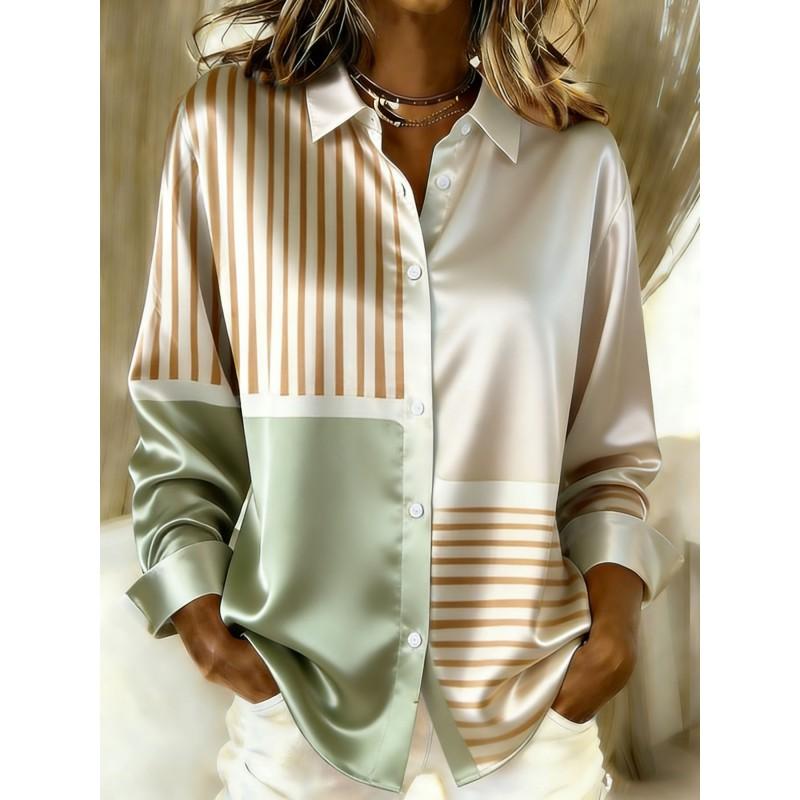 Vintage Color-Block Striped Satin Long Sleeve Shirt Women Relaxed Fit Office Casual 2026