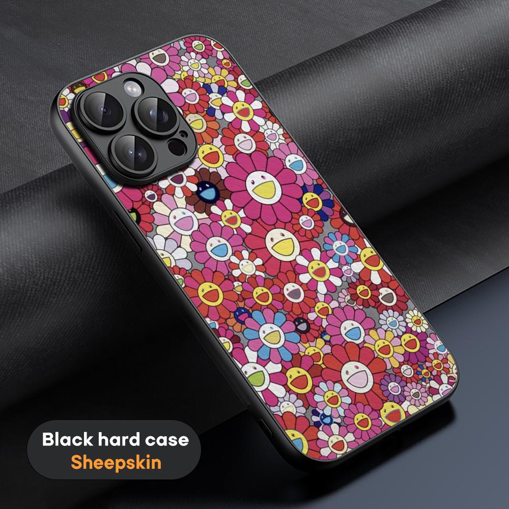 Sunflower Japan Painting M-Murakami Art Phone Case For iPhone 16 15 14 13 12 11 Plus Pro Max Limited Black Hard Case Sheepskin