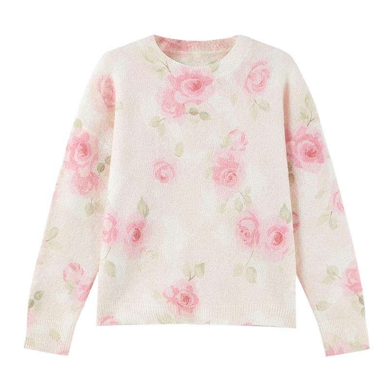 

Elegant Rose Print Knit Top M