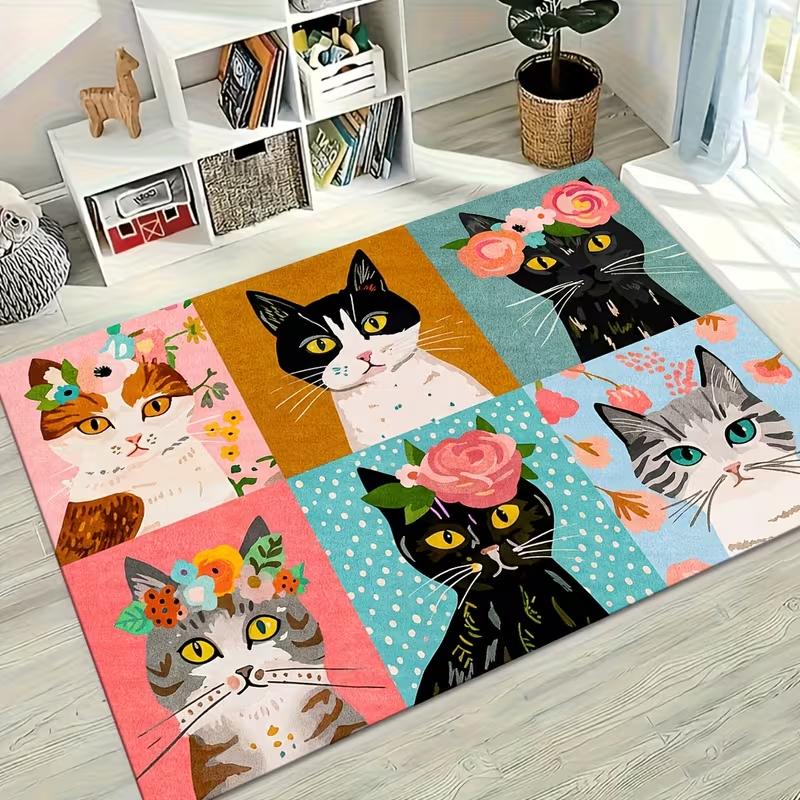 Cute Black Cat Floral Print Area Rug Soft Non-Slip Living Room Carpet Boho Flower Cat Pattern Floor Mat for Bedroom Hallway