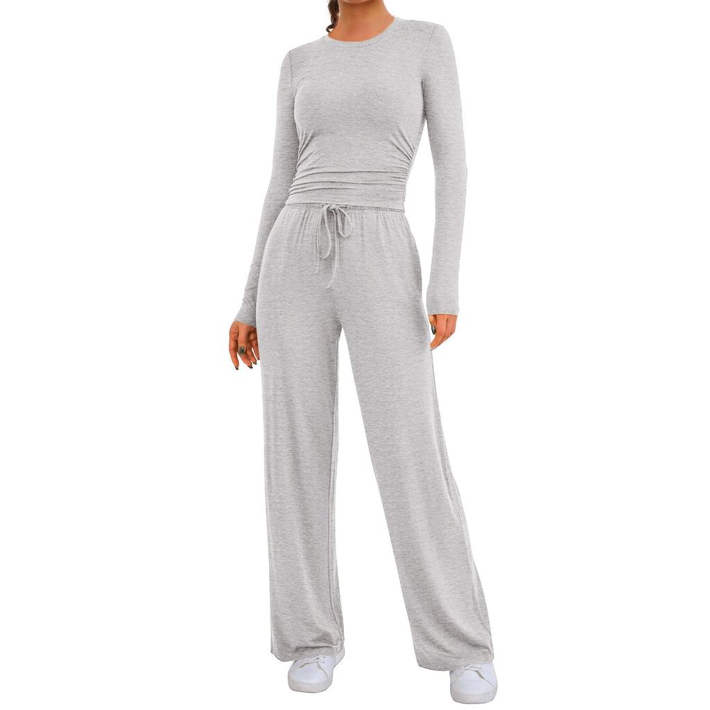 Women's Fall Two Piece Outfits Long Sleeve Tops Tee Shirts Wide Leg Pants Sets