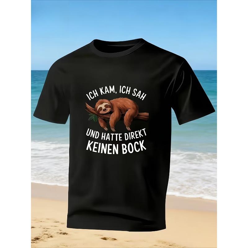 European sizes Humorous Sloth Graphic with German Phrase T-Shirt - "I'm Not Lazy, Just in Energy-Saving Mode" Black Casual Shirt for Men