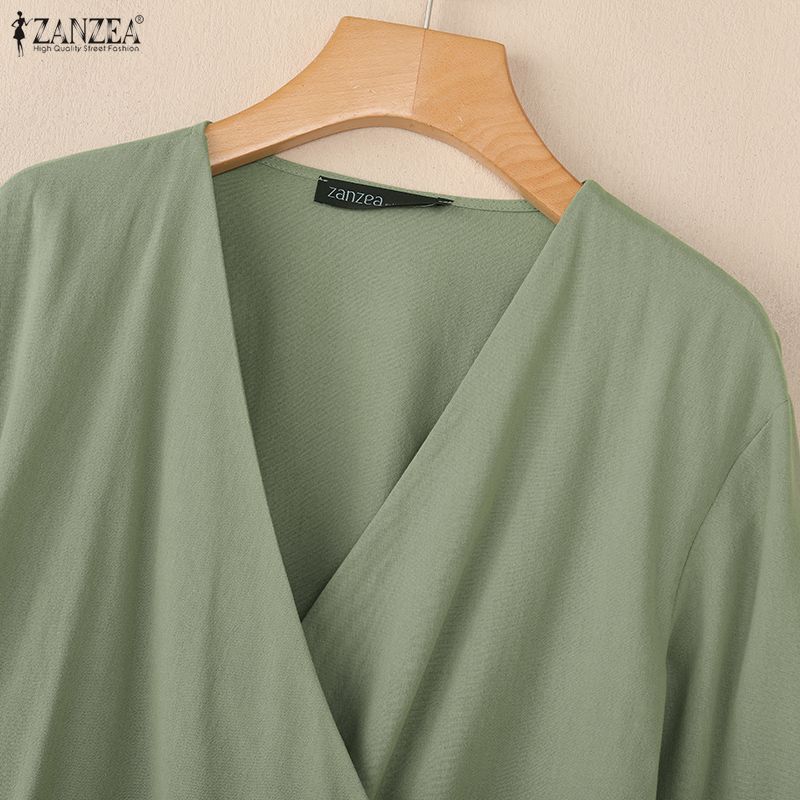 ZANZEA Damska codzienna bluzka z dekoltem w serek, długim rękawem i luźnym krojem