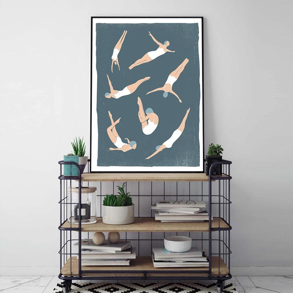 Solid Wood Frame Modern Wall Art Print Posters Female Swimmer Diving Into Swimming Pool Swimming Canvas Painting Gym Office Kitchen Home Decor