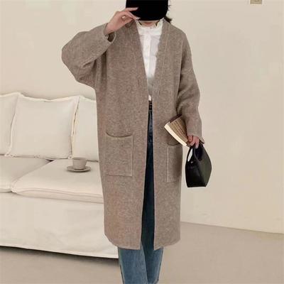 Otoño e Invierno Viento Perezoso En la Sección Larga de Bolsillos Grandes Suéter Cardigan de Punto Fino Suelto Retro Femenino