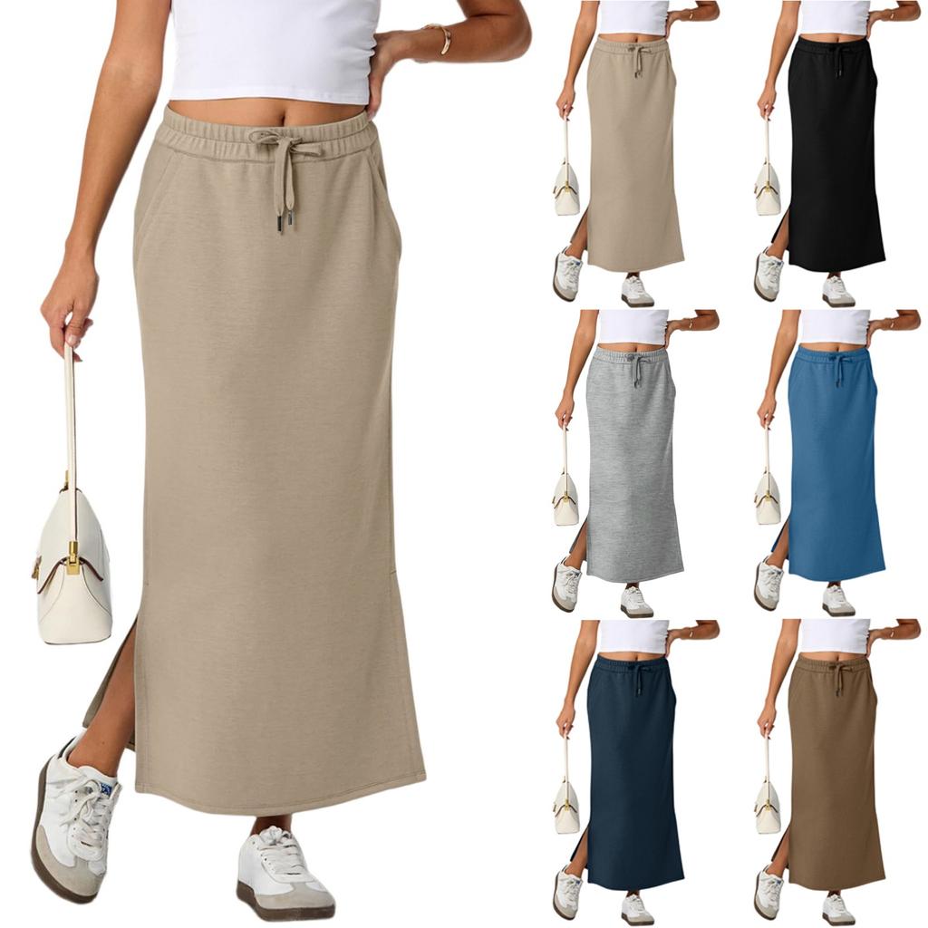 Womens Casual Maxi Skirts  High Waist Trendy Drawstring Side Slit Skirts With Pockets