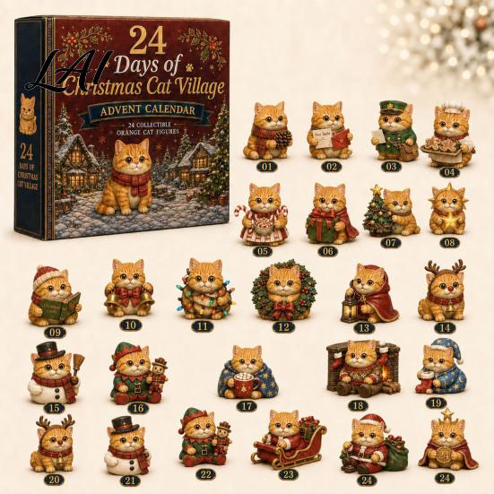 Holiday Decoration for Kids Christmas Cat Advent Calendar 24 Day Countdown with Cute Ornaments Gifts Children 2D Acrylic Kitty Decorations,