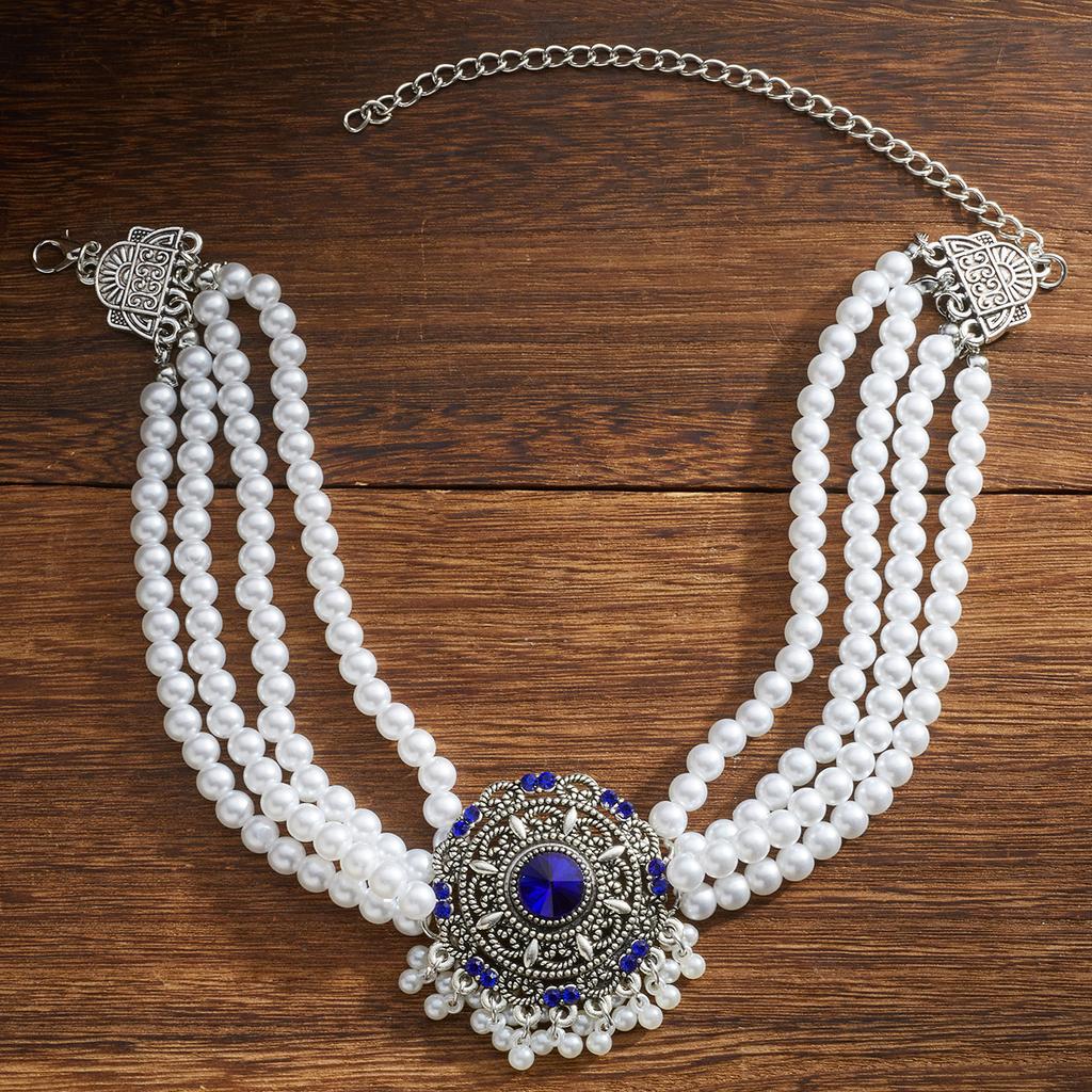 Crystal Rhinestone Pearl Necklace Vintage Court Style Multi - Layer Layered Choker for Women