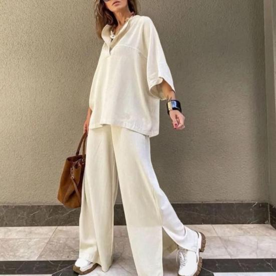Women's Two-Piece Outfit Oversized 3/4 Sleeve Pullover Top And Wide Leg Pants Set Fall Casual Loose Lounge Set
