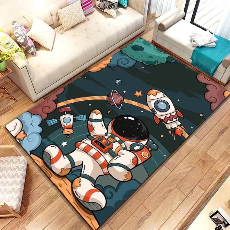 Kreskówkowy Astronaut Kosmiczny Dywan Planeta Kosmonauta Podróż w Kosmosie Nadruk Dywanik dla Chłopca Dziewczynki Sypialnia Salon Wewnątrz Mała Mata Podłogowa
