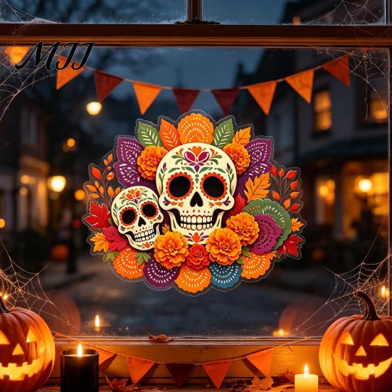 Decorative Holiday Gifts Day of The Dead Window Static Sticker, Flower Skull PVC Authentic Festival Accents Decals, Waterproof Halloween Glass