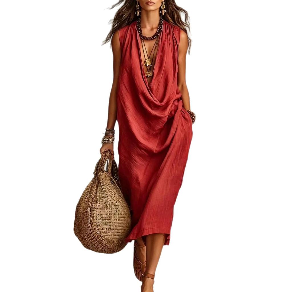 2026 European-American Women's Casual Loose Cotton Linen Swing Neck Dress