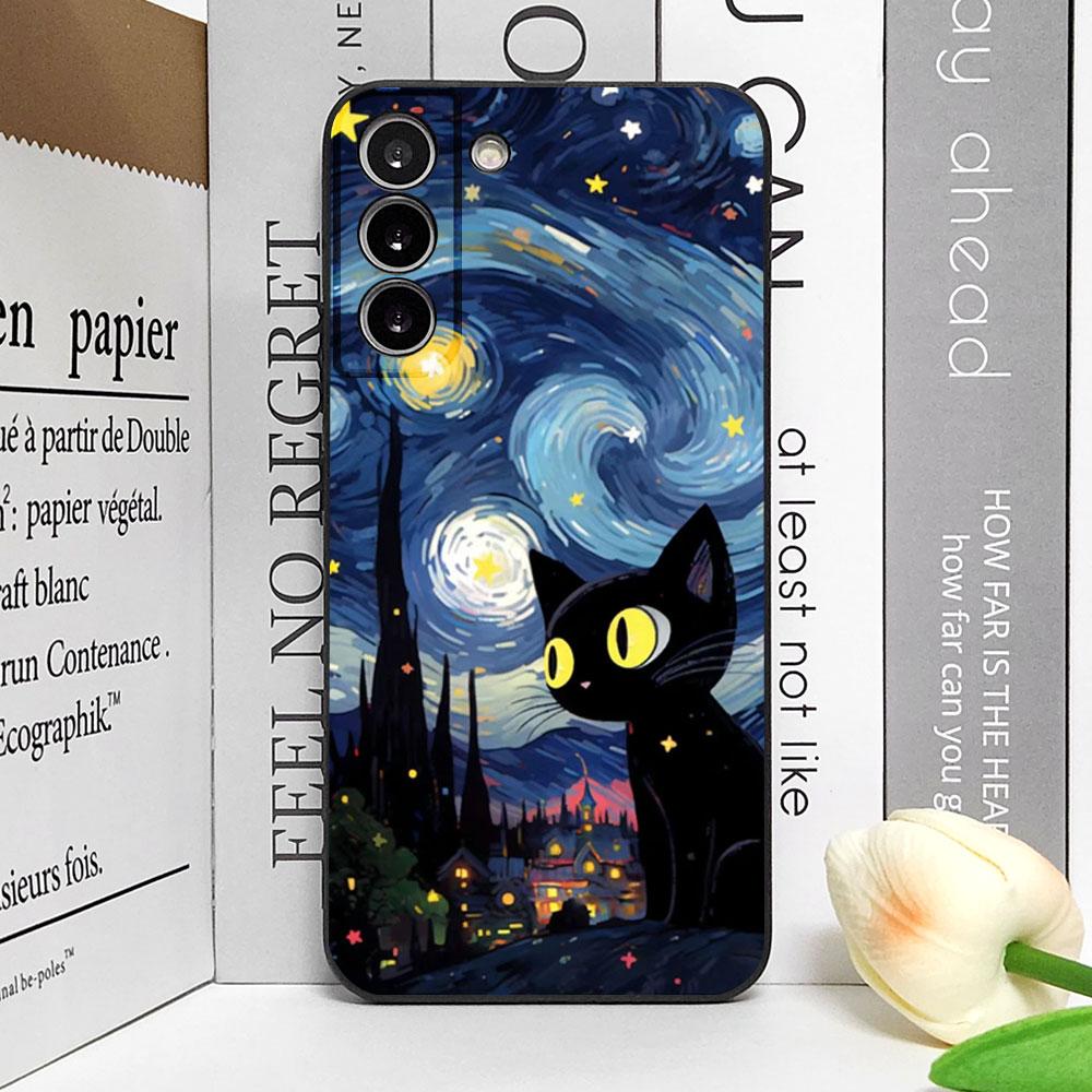 Künstlerische Schwarze Katze Sternennacht Handyhülle für Samsung S24 S23 S22 S21 S20FE Plus Ultra Cover für Samsung Galaxy S25 Edge Fundas