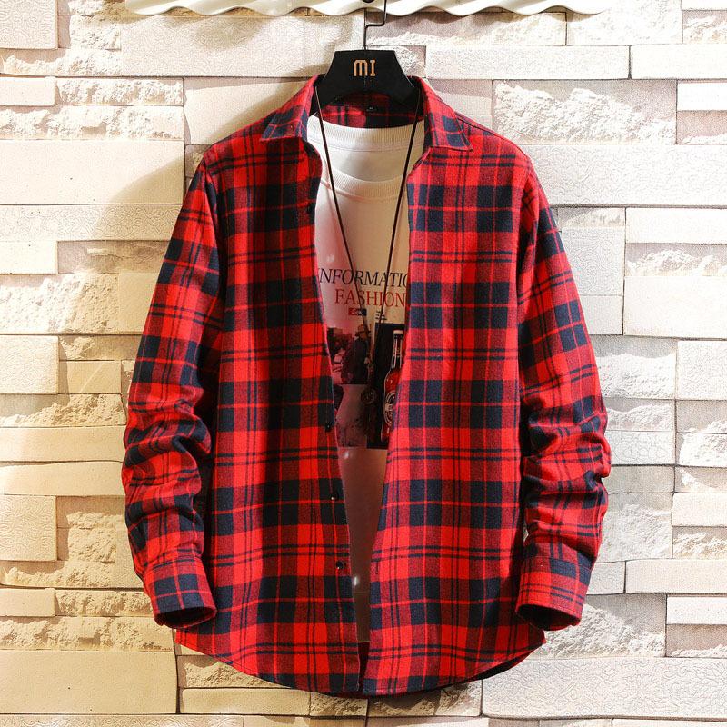 Модная рубашка с длинными рукавами в крупную клетку, мужская новая свободная повседневная рубашка в корейском стиле M чёрный