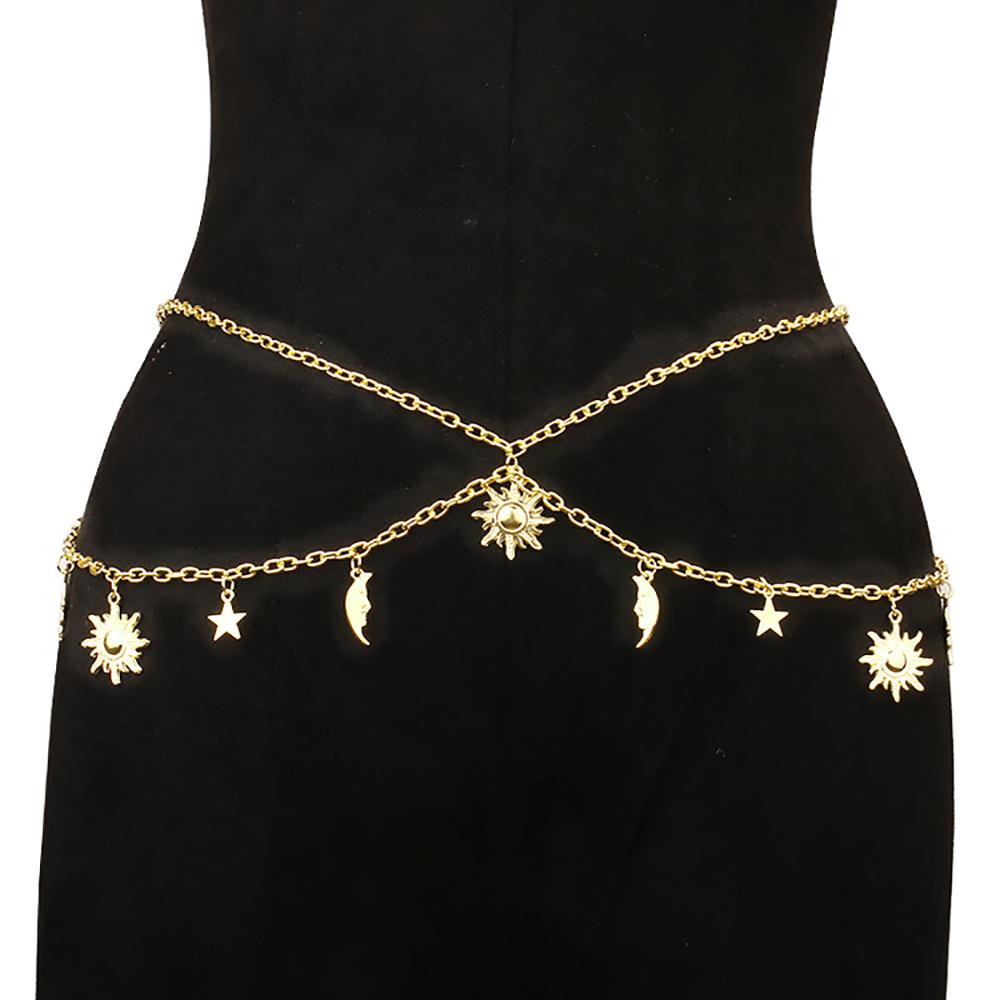 Personality Double-deck Retro Style Sun Moon Stars Tassels Alloy Waist Chain Ladies' Body Chain Jewelry