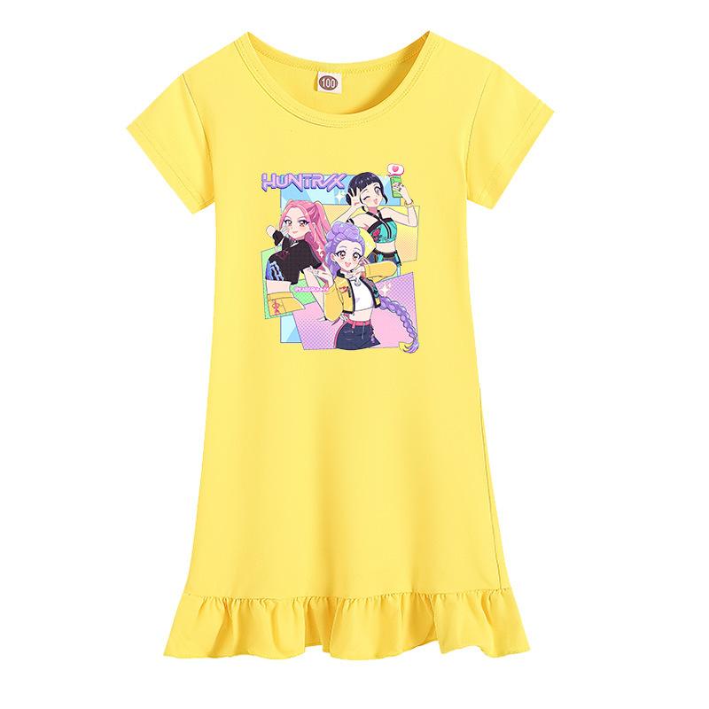 Kpop Demon Hunters K-POP Girls Ruffle Dress Short Sleeve Cartoon Print Kids Casual Sleepwear Toddler Girls Loungewear Children Clothing