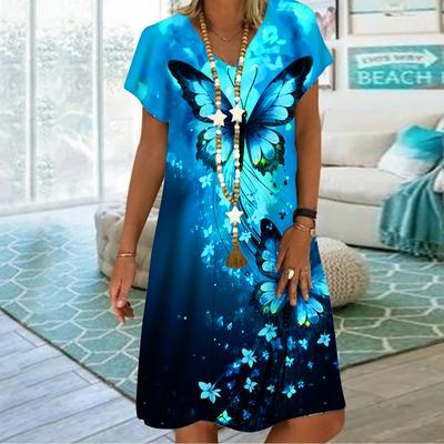 Sommermode V-Ausschnitt Kleid Damen Kurzarm Perlen Schmetterling Bedrucktes Kleid Lockeres Freizeitkleid für Damen