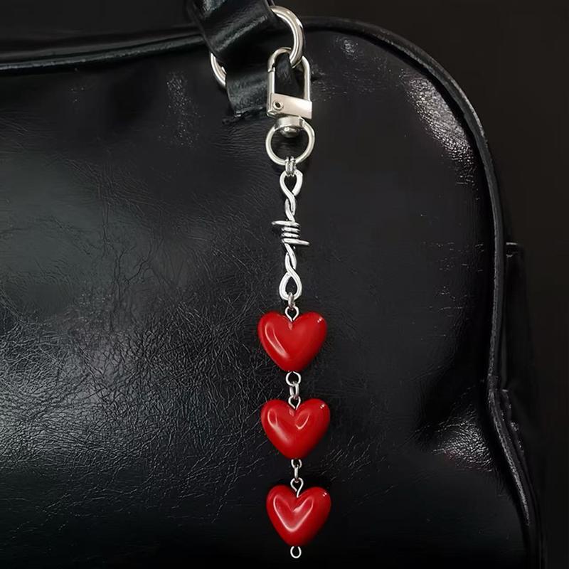 Y2K Red Heart Beaded Pendant Keychain Bag Charms Hangings Punk Cool Ornament Accessories