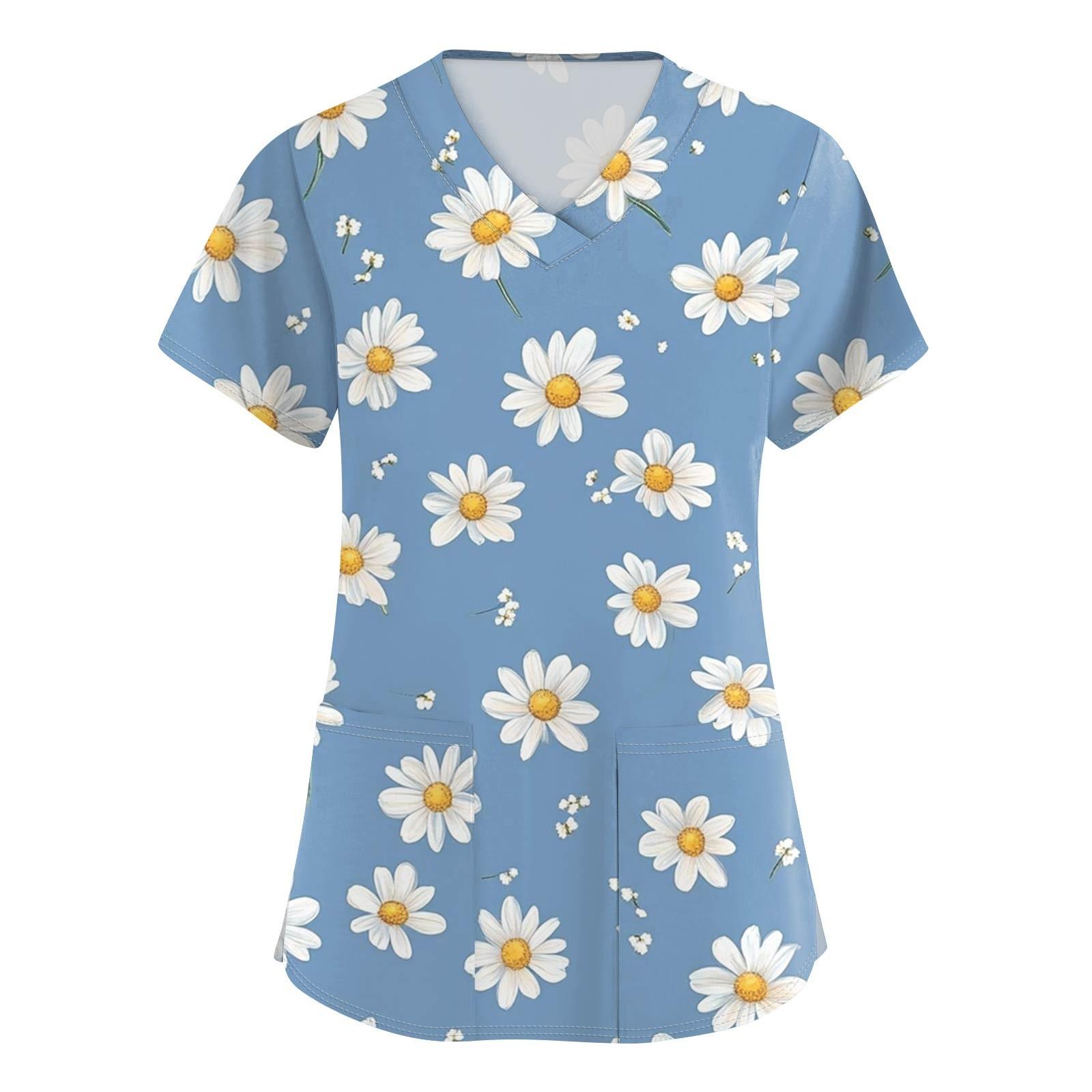 

Женская модная рабочая одежда с короткими рукавами с принтом и верхом с двойными карманами L синий