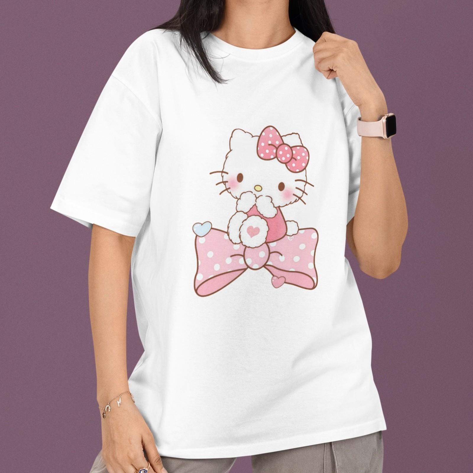 Hello Kitty T-Shirt Cute Pink Bow Cartoon Graphic Tee Kawaii Sanrio Style Unisex XXXXL