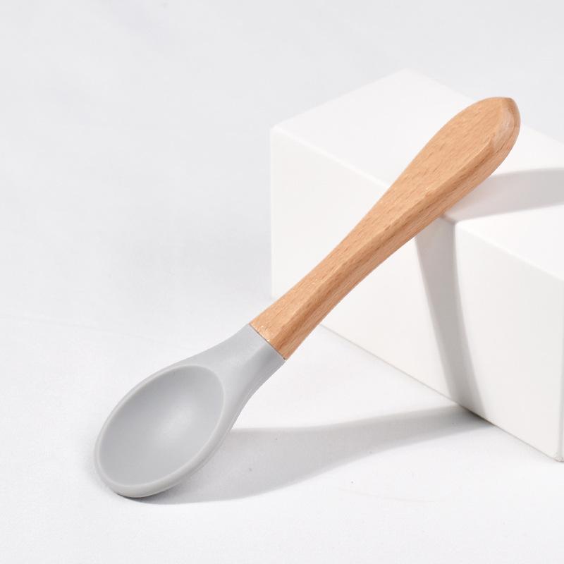 Spoons Baby Feeding Spoon Fork Wooden Handle Spoon Fork Set Soft Silicone Tip Spoon Fork BPA Free Food Grade Infant Toddlers