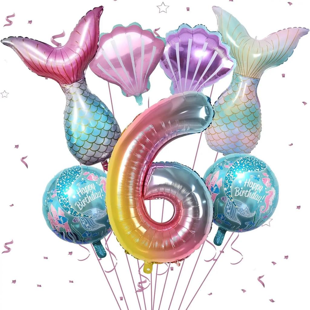Meerjungfrauen-Mottoparty-Dekorationen Helium-Folienballons Schwanzdesigns Regenbogen-Zahlen Muschel-Akzente für Kindergeburtstag Babyparty
