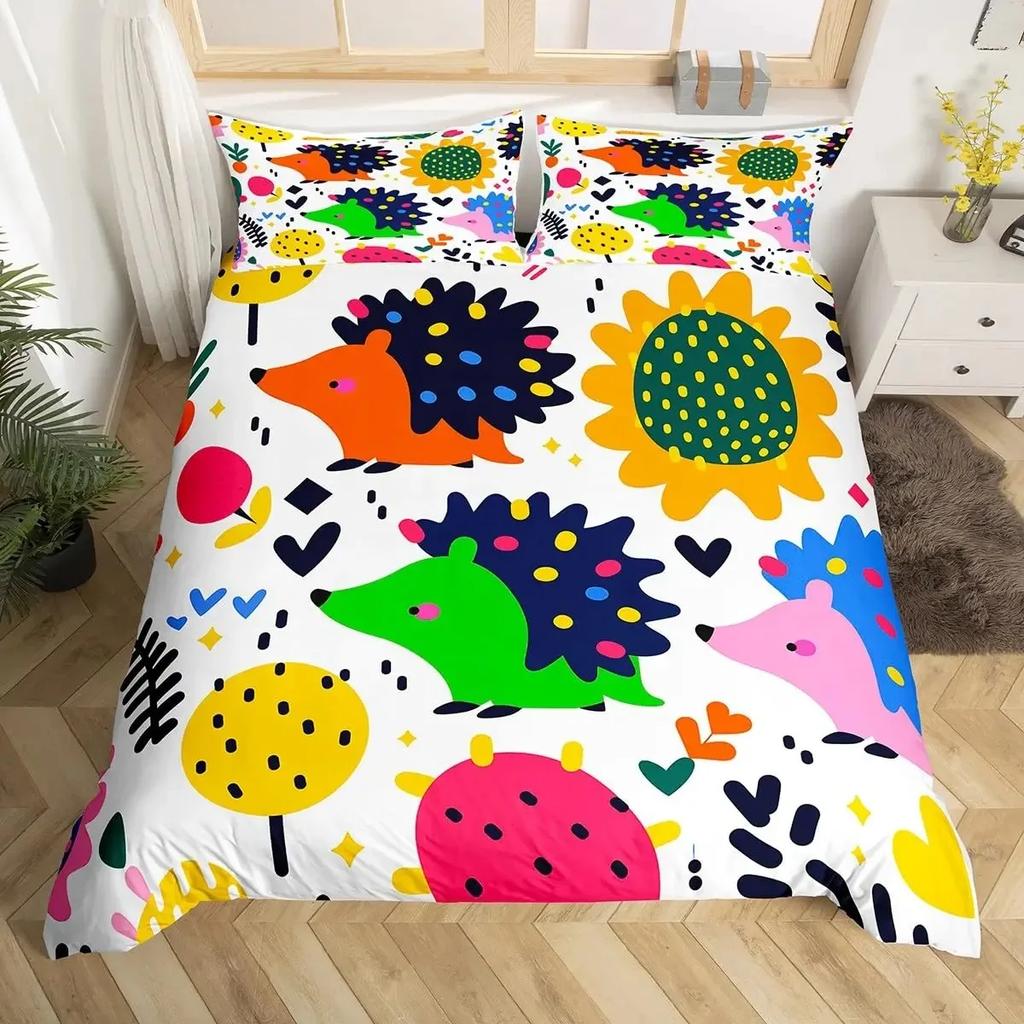 Cartoon Igel Bettbezug Queen Aquarell Batik Boho Bettwäsche-Set, Wildtiere Blumen Bettdeckenbezug Floraler Quiltbezug