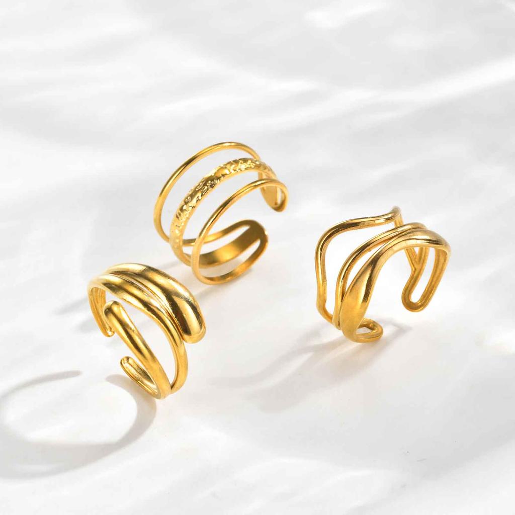 Unique Statement Geometric Ring for Women Stainless Steel Simple Finger Rings Wedding Party Jewelry 18K Gold Plated 3pic Set