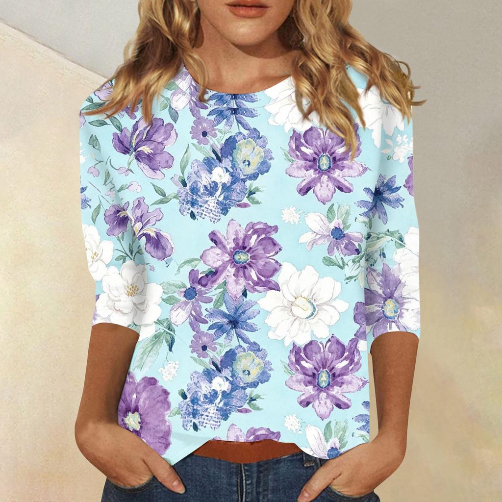 Damen Casual Oberteil mit Dreiviertelärm, Blumenprint, Rundhalsausschnitt, Lockerer Schnitt, Leichter Pullover-Bluse für den täglichen Gebrauch