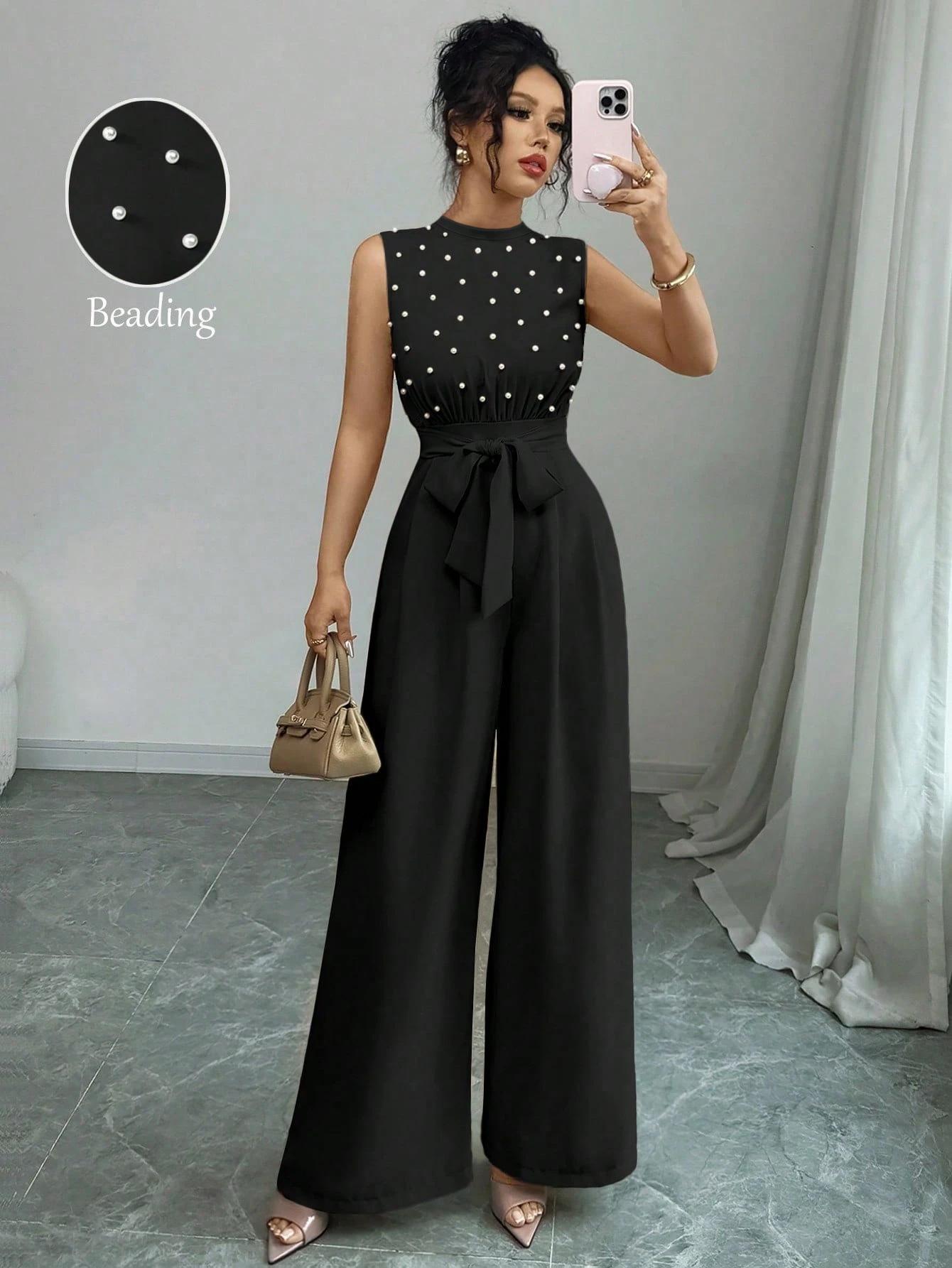 Damen Ärmelloser Jumpsuit mit Perlen, Weiter Bein, Einfarbige Taille mit Gürtel, Elegantes Einteiler-Outfit S schwarz