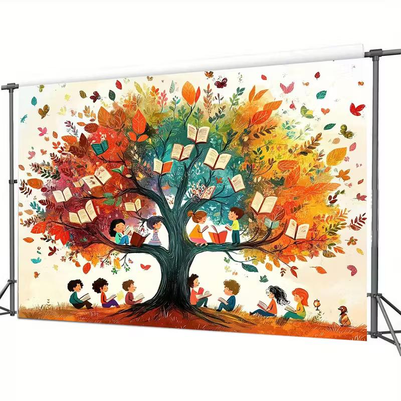 

2D Educational Reading Tree Backdrop, Kids & Books Under Autumn Tree Classroom Background 47.2x31.5inch/120*80cm