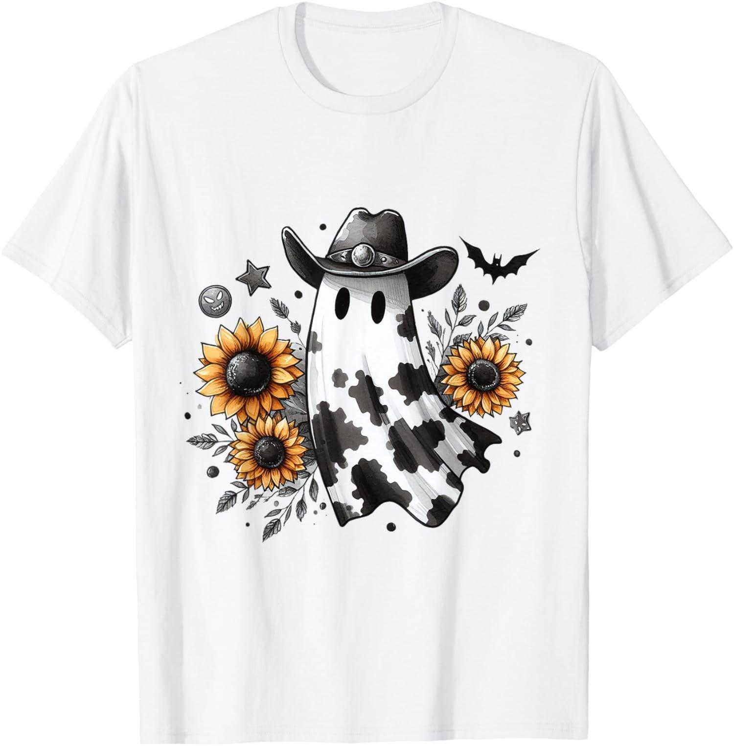 Cute Ghost Cowboy Hat Sunflowers Western Halloween Unisex T-Shirt S разноцветный