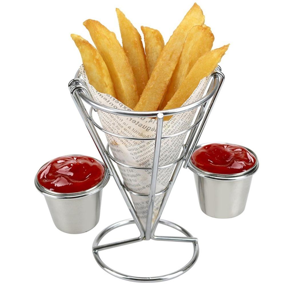 Sliver Fries Display Stand with Sauce Cup Fries Baskets French Fry Cone Holder  Serving Snacks