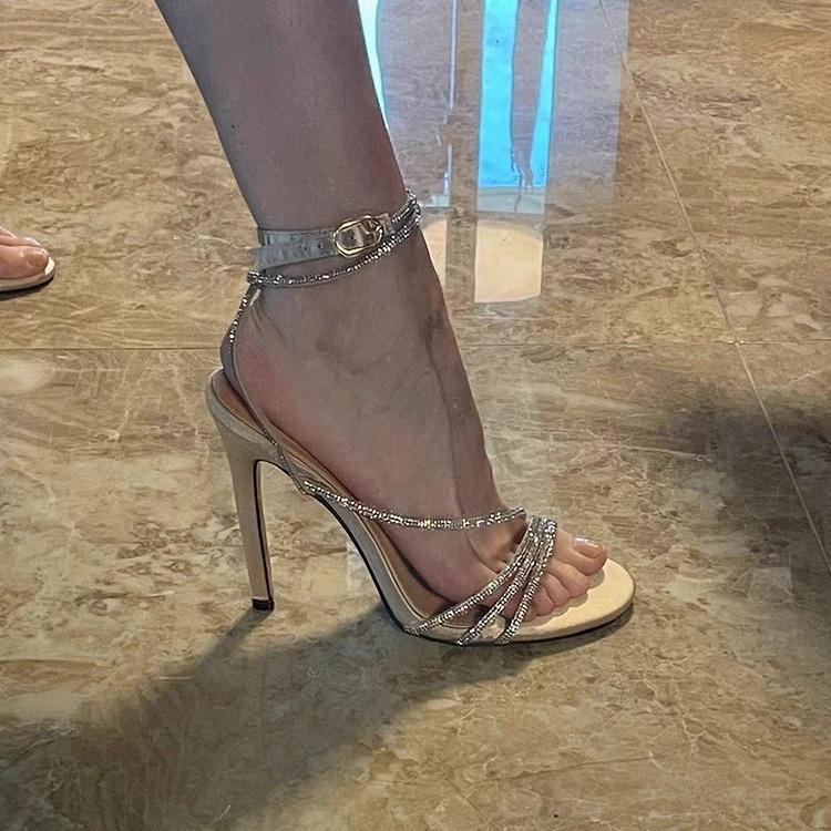 Sandali estivi sexy con strass open-toe da donna tacco a spillo champagne banchetto mondano tacchi alti