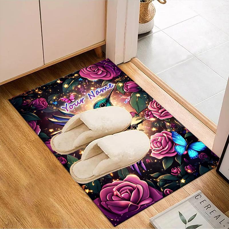1PC Custom Name Hummingbird amidst floral enchantment. Theme Floor Mat Ideal for Living Room, Game Rooms, Office, Bedroom, Floor Mat Playful Design