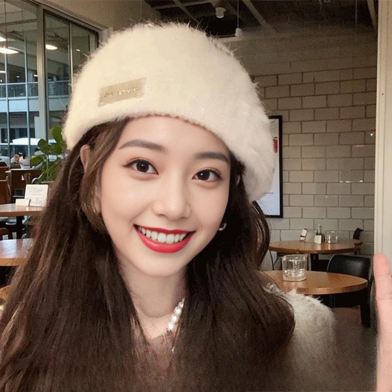 Autumn and Winter Warm Rabbit Wool Hat for Women New Style Back Wearing Beret Retro Versatile Dual Purpose Front Hat Solid Color Painter Hat