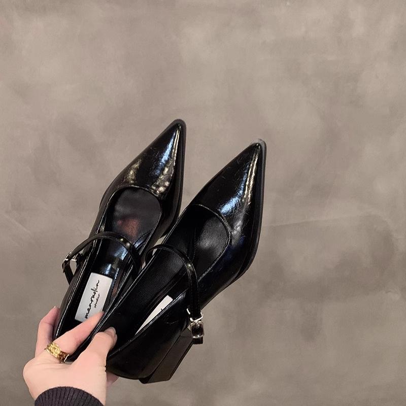 High heels women's thick heel medium heel pointed single shoes new spring one-word buckle Mary Jane small leather shoes