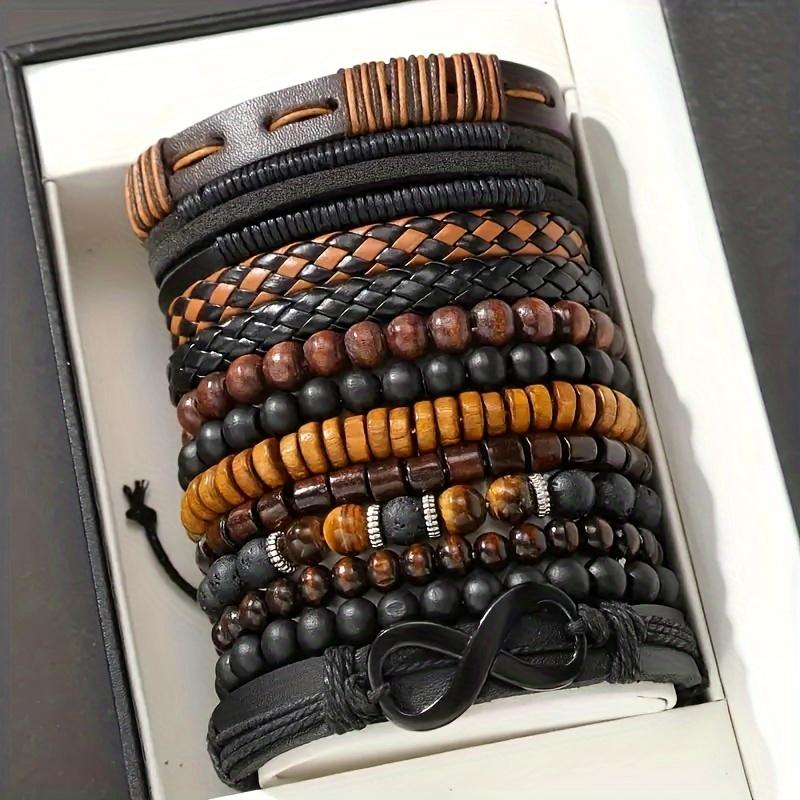 12pcs Vintage Braided Faux Leather Bracelet Set with Tiger Eye & Moonstone Beads - Stylish Accessories for Daily Wear & Parties (Box Not Included)