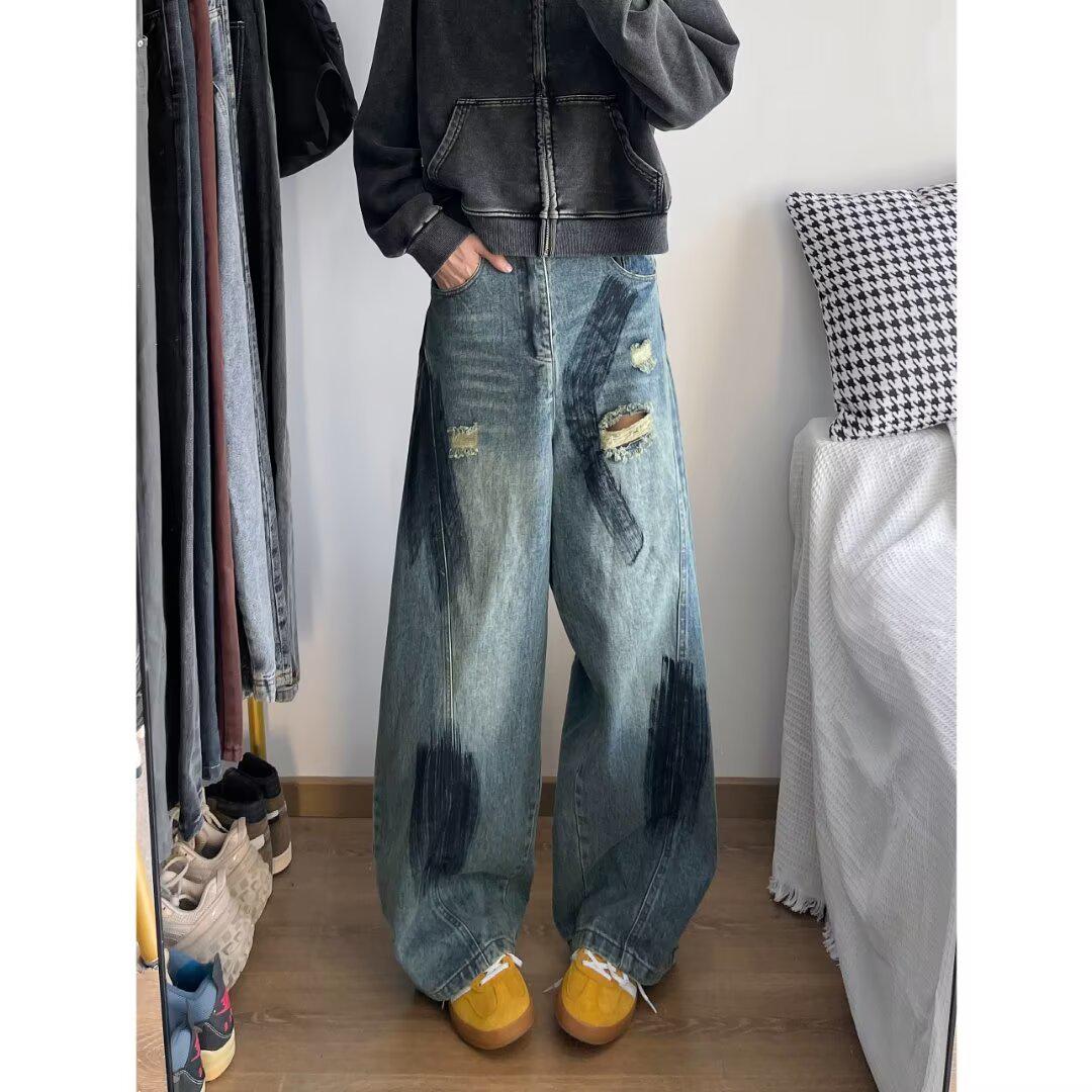 

Stylish Retro Graffiti Ripped Wide-Leg Jeans for Men & Women XL синий